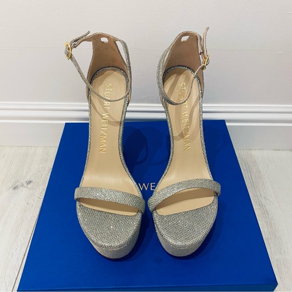 New Stuart Weitzman Platform Nudistcurve Hollywood Sandals Nudist Curve Glitter - Picture 7 of 11